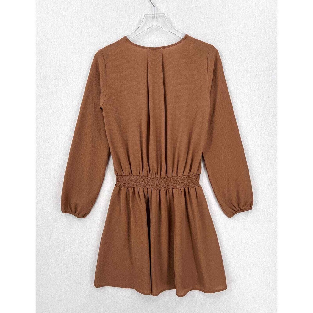 SABO SKIRT Mini Dress Women XS Brown Wrap Long Sleeve Smocked Waist Pull on - Picture 3 of 16